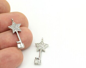 1 unids, (11x27mm)Plata plateada estrella llave encantos, colgante de la llave de la estrella, colgante Zircon, hallazgos de la estrella, encantos de la estrella, encantos de la estrella del zircón ZRC-2