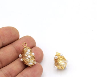 1 pcs,(16x27mm)24k Gold Plated synthetic pearl, Necklace pendant , Earring Findings,wire winding  ALT-225
