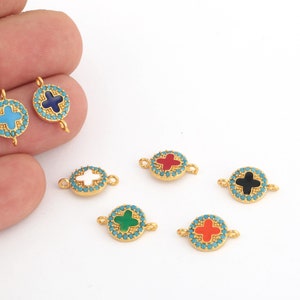 24k Shiny Gold Plated Enamel Round Charms, Cz Micro 2 Hole Bracelet Connector, Enamel Round Earrings, 2 Hole Round Jewelry, 1Pcs, ZRC-499
