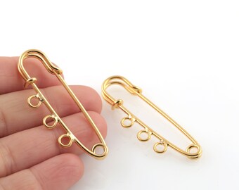 24k Gold Plated Safety Pin Charms, Safety Pin Pendat, Safety Pin Jewelry, Multi Hole Safety Pin Connectors, 11x49mm, 1 Pcs, ALT-1173
