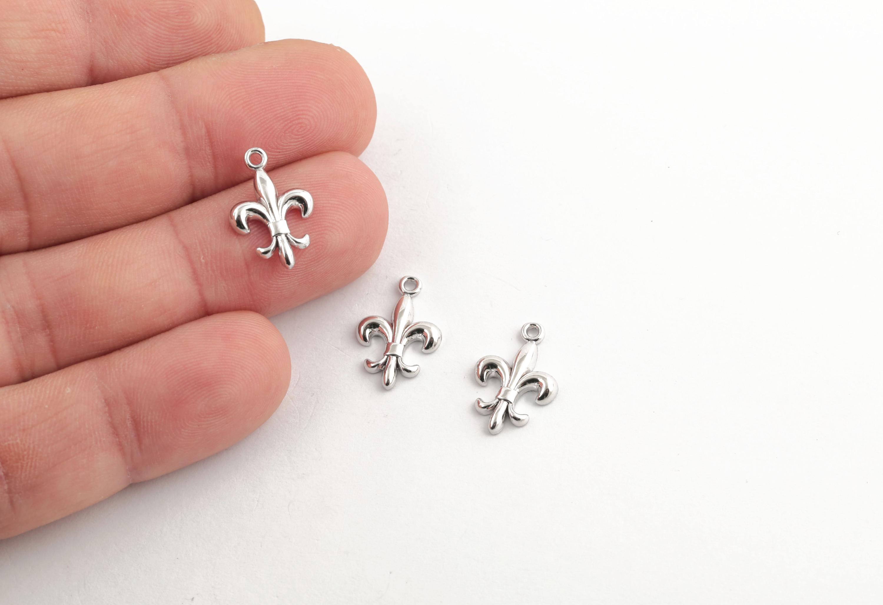 Rhodium Plated Fleur-de-Lis Charm, French Symbol Charm, Lily Pendant, French Lily Symbol Pendant, DIY Jewelry, Necklace Pendant, SLV-646