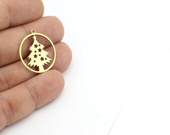 Raw Brass Laser Cut Pine Tree Charms, Raw Brass Pine Tree Jewelry, Laser Cut Star Detailed Free Necklace, Tree Pendant,1 Pcs, 24x26mm,HM-549