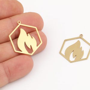 Raw Brass Flame Hexagon Pendant, Fire Charm, Fire Symbol Pendant, Geometric Fire Cutout, Fire Themed Charm, Laser Cut Findings, LZ-505-1