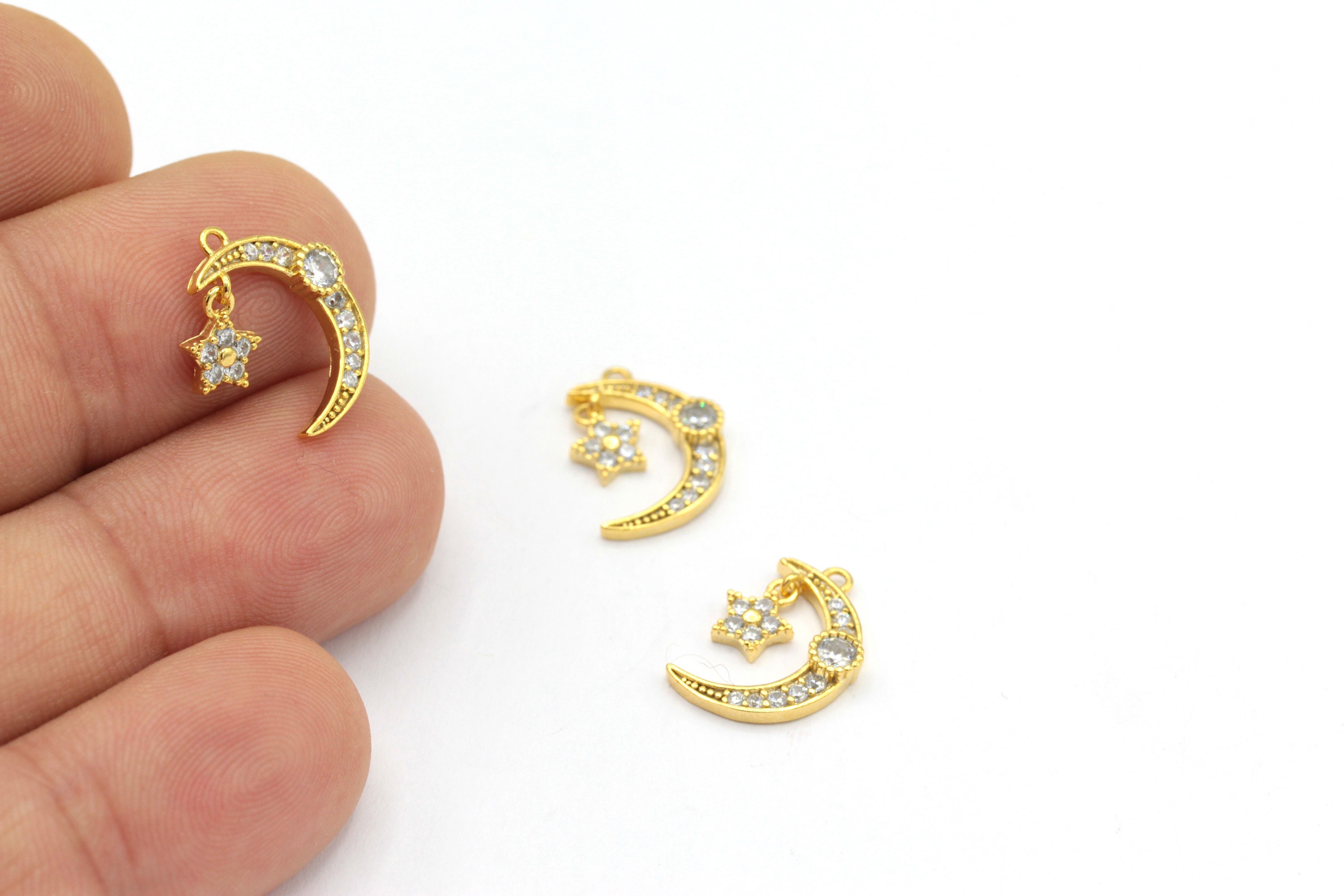24k Gold Plated Swinging Moon and Star Jewelry, Zirconia Moon and