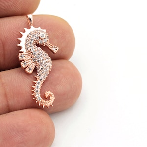 Rose Gold Mini Seahorse Pendant With Zircon ,Zircon Pendant, Micro Pave Seahorse,Cz Jewelry,Cz Charms, Zirconia Charms ,1pcs(15x34mm)ZRK-39