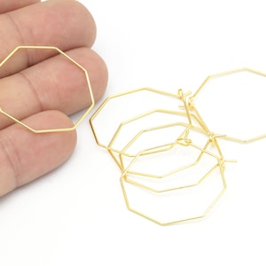 30mm 24k Gold Plated Hexagon Earring, Hexagon Hoops, Ear Wires, Earring Findings, 6 Pcs, KP-411