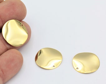 20mm 24k Gold Plated Round Charms, Coins Jewelry, Asymetric Pendant, 24k Gold Plated Round Wavy Charms, Circle Connector, 2Pcs, ALT-542