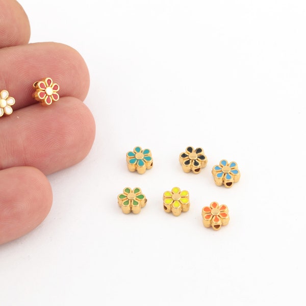 24k Gold Plated Enamel Spacer Daisy Charms, Tiny Flower Charms, Spacer Beads, Bracelet Flower Connectors, 7mm, 1Pcs, ALT-814