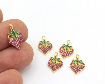 Charmes à la fraise plaqués or 24 carats, bijoux à la fraise CZ Micro Pave, charmes aux fruits, fraise zircon, boucle d’oreille à la fraise CZ, 1Pcs, ZRC-438