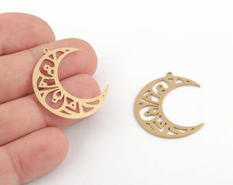 Raw Brass Crescent Moon Brass Pendant, Laser Cut Moon Pendant Design, Celestial Jewelry, Unique Moon Jewelry Supply, DIY Making, LZ-123-1