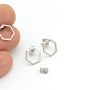 Hexagon Earrings, Silver Plated Hexagon Earrings, Hollow Hexagon Earrings, Geometric Earrings, Stud Earrings, 2Pcs, KP-185