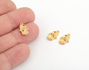 24k Gold Plated Hamsa Hand Charm, Tiny Evil Eye Protection Pendant, Mini Hamsa Pendant with Crystal, Lucky Charm, Mini Hand Pendant, ZRC-32