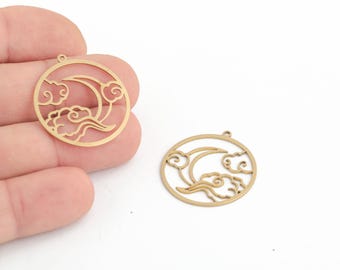Raw Brass Crescent Moon Charm, Cloud and Moon Pendant, Laser Cut Celestial Jewelry, Astrology Pendant, Elegant Jewelry Component, LZ-231-1