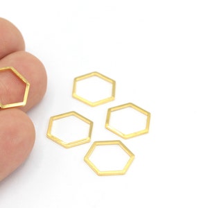 Hexagon Charms, 24k Shiny Gold Plated Hexagon Connector Pendant, Hexagon Jewelry, Gold Plated Hexagon Pendant Links, (14mm), 6 pcs, ALT-446