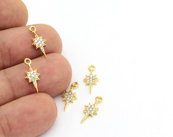 1 unids (7x16mm)24k oro brillante encanto de la estrella del norte, colgante de la estrella del norte del micro pavé, estrella del norte CZ, estrella del norte del oro, encantos zircon ZRC-128