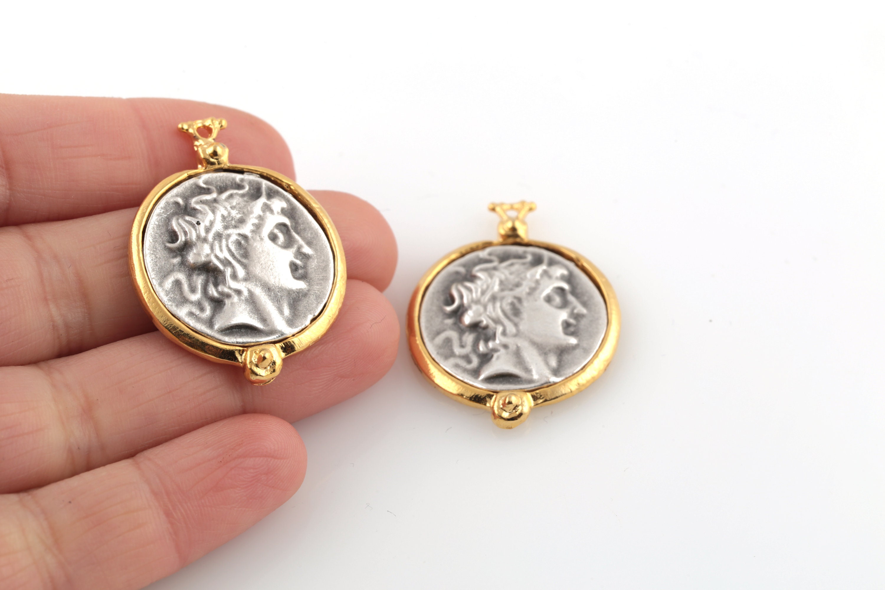 24k Gold Plated Greek Coins, Antique Greek Medallion, Two Color Pendant, Gold Plated Old Historical Jewelry, 1Pcs, 26x35mm, ALT-1135