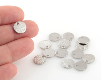10mm Rhodium Plated Textured Disc Charm, Coins Pendant, Round Disc Jewelry, Stamping Tags, Jewelry Supplier, 6 Pcs, SLV-587