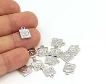 Rhodium Plated Square Charms, Rhodium Plated Evil Eye Pendant, Tiny Medallion, Evil Eye Earrings, Necklace Pendant, ,1pcs(9x13mm) SLV-110