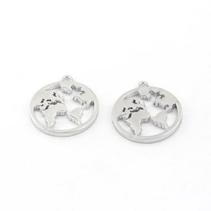 Rhodium Plated World Map Pendant, World Map Medallion, World Pendant, World Map Charms, Traveler Pendant, 1Pcs, 21x23, SLV-537