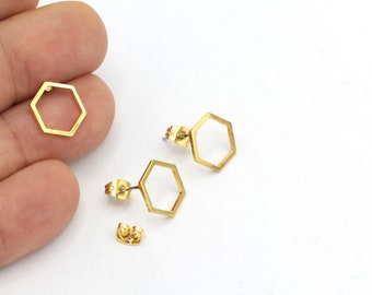 Hexagon Earrings, 24k Gold Plated Hexagon Earrings, Hollow Hexagon Earrings, Geometric Earrings, Stud Earrings, 2Pcs, KP-179