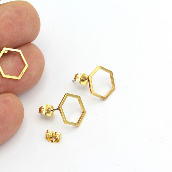 Hexagon Earrings, 24k Gold Plated Hexagon Earrings, Hollow Hexagon Earrings, Geometric Earrings, Stud Earrings, 2Pcs, KP-179