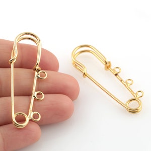 24k Gold Plated Safety Pin Charms, Safety Pin Pendat, Safety Pin Jewelry, Multi Hole Safety Pin Connectors, 16x52mm, 1 Pcs, ALT-1079