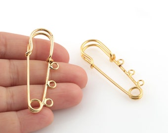 24k Gold Plated Safety Pin Charms, Safety Pin Pendat, Safety Pin Jewelry, Multi Hole Safety Pin Connectors, 16x52mm, 1 Pcs, ALT-1079