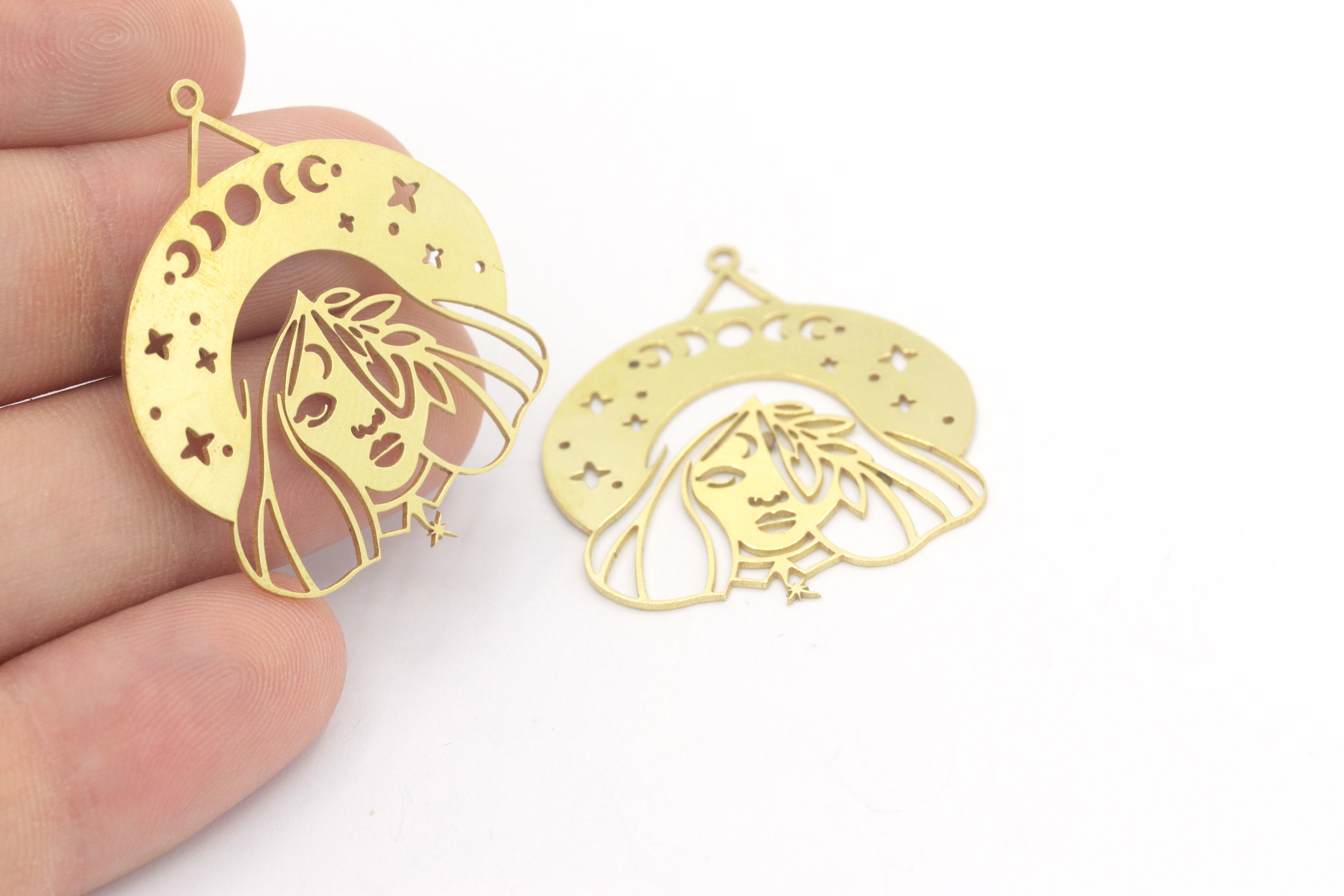 2pcs Raw Brass Witch Hat Charm, Moon Phases Witch Hat Charm, Halloween Charms, Witchy Charms, Laser Cut Jewelry Making Supplies RW-1569