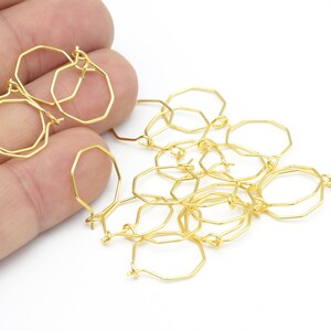 15mm 24k Gold Plated Hexagon Earring, Hexagon Hoops, Hexagon Ear Wire, Gold Plated Ear Wires, Earring Findings, 6 Pcs, KP-409