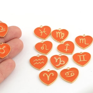 24k Gold Plated Zodiac Pendant, Enamel Heart Zodiac Charms, Astrology Charms, Horoscope Jewelry, Zodiac Sign Medallion, 18mm, 1Pcs, ALT-1004