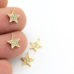 24k Gold Plated Star Charm with Cubic Zirconia, Sparkling Pendant for Jewelry Making, Celestial Charm, Tiny Star Charm with Crystals, ZRC-45