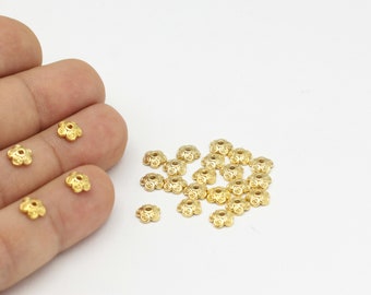 25 st (6,5 mm), 24k glänsande guldpärlhattar, pärlhattar, ändhattar, blomändhattar - ALT-35