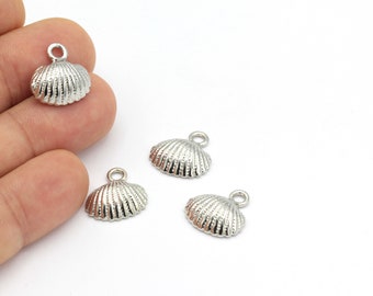 Silver Plated Oyster Charms,Shell Pendant with Silver Plated Rim, Natural Seashell  Charm, Mussel Necklace, 2 pcs,(16x17mm) SLV-222