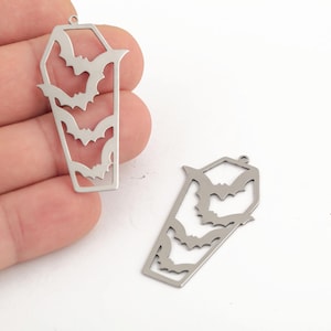 Stainless Steel Coffin and Bats Pendant, Laser Cut Coffin Pendant, Bat Design Halloween Charm, Vampire & Horror Jewelry, DIY Making,LZ-256-1