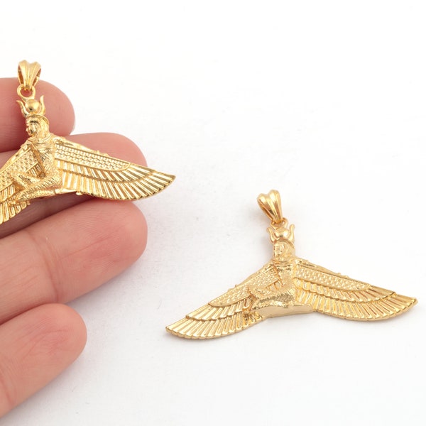 24k Gold Plated Winged Goddess Charms, Ancient Egyptian Pendant, Winged Egyptian Jewelry, Cleopatra Necklace, 24x44mm, 1pcs, ALT-990