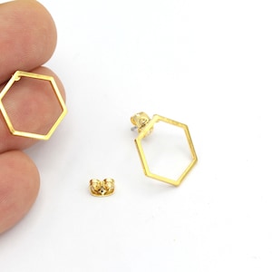 Hexagon Earrings, 24k Gold Plated Hexagon Earrings, Hollow Hexagon Earrings, Geometric Earrings, Stud Earrings, 2Pcs, KP-181