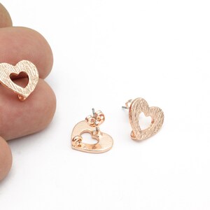 Rose Gold Plated Round Textured Heart Earrings, Textured Heart Earring Post, Textured Dangle Earrings, Stud Earrings, 13x15mm, 1Pair, KP-386