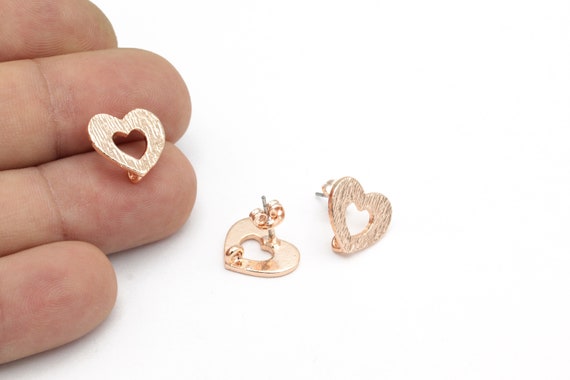 Rose Gold Plated Round Textured Heart Earrings, Textured Heart Earring  Post, Textured Dangle Earrings, Stud Earrings, 13x15mm, 1Pair, KP-386