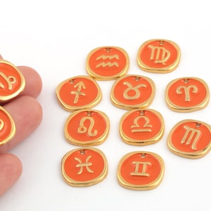 24k Gold Plated Zodiac Pendant, Enamel Zodiac Charms, Astrology Charms, Horoscope Jewelry, Zodiac Sign Medallion, 17mm, 1Pcs, ALT-994