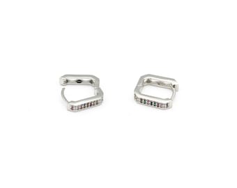 14mm Rhodium Plated Square Earrings, CZ Micro Pave Square Earrings, Micro Pave Squre Hoop Earrings, Zirconia Earrings, 1Pair, KP-406