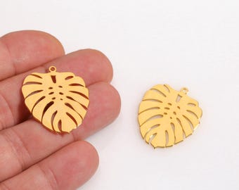 24k Gold Plated Leaf Charm, Monstera Leaf Charm, Laser Cut Leaf Jewelry, Nature Inspired Pendant, Leaf Design Necklace, DIY Making, LZ-689-4