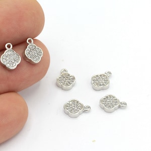 Silver Plated Clover Charms, Mini Clover Pendant, Cubic Zirconia Charms, Bracelet Charm, CZ Pave Clover Charms, 1Pcs, (8x11mm),ZRC-371