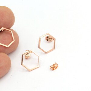 Hexagon Earrings, Rose Gold Plated Hexagon Earrings, Hollow Hexagon Earrings, Geometric Earrings, Stud Earrings, 2Pcs, KP-183
