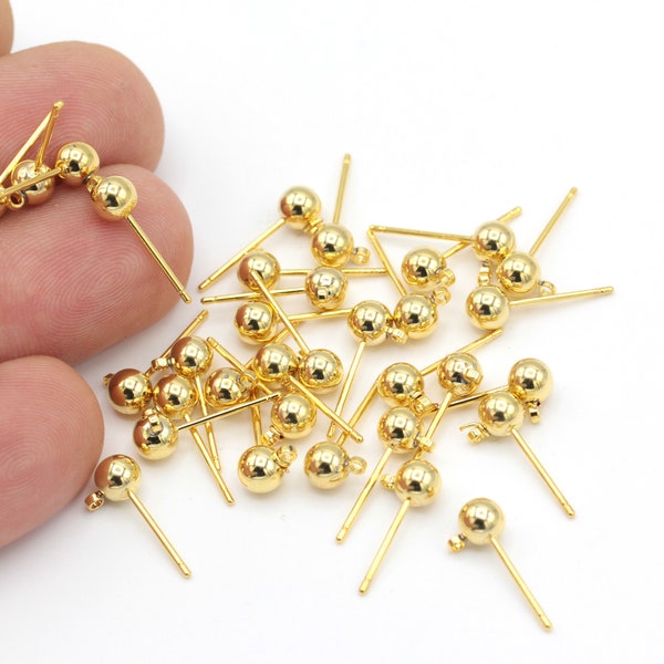 6pcs(5x16mm)24k Gold Plated Ball Ear Post, Sterling Earring Post, Ball Stud Earrings, Stainless Steel Earring, Making Earring, KP-329