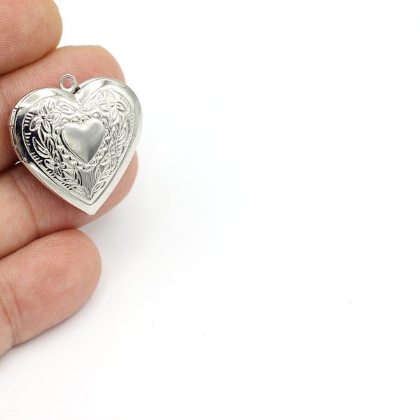 Rhodium Plated Heart Locket Charms, Rhodium Plated Picture Cover, Clamshell Necklace, Personalized Necklace,1 pcs,(29mm), SLV-453