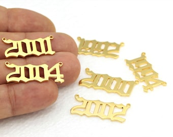 Old English Year Necklace, Personalized Jewelry, Birthday Gift , Necklace Pendant, 24k Gold Plated Necklace Pendant 1 pcs (13x28mm) ALT-287