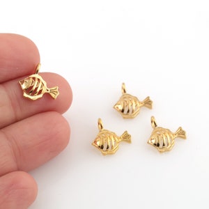 24k Gold Plated Fish Pendant, Fish Jewelry, Gold Plated Fish Charms, Animal Pendant, Tiny Animal Jewelry, 2pcs, 13mm, ALT-1072