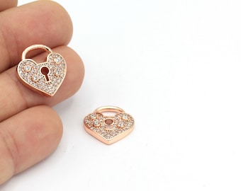Rose Gold Plated Lock Heart Jewelry, Heart Pendant, CZ Heart Charm, Heart Bracelet, Lock Heart jewelry, 1pcs(18x19mm), ZRC-369