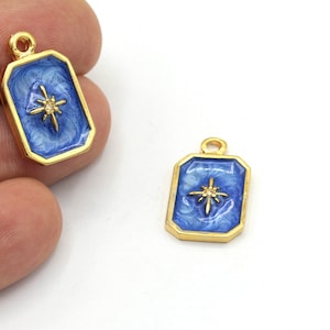 24k Shiny Gold Plated Blue Enamel North Star Charms, North Star Pendant, Polar Star Necklace, Frame North Star Jewelry, 1Pcs, ALT-513