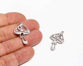 Stainless Steel Mushroom Charm, Celestial Mushroom Cutout Pendant, Whimsical Fungi Pendant, Jewelry Supplies, LZ-1432-1